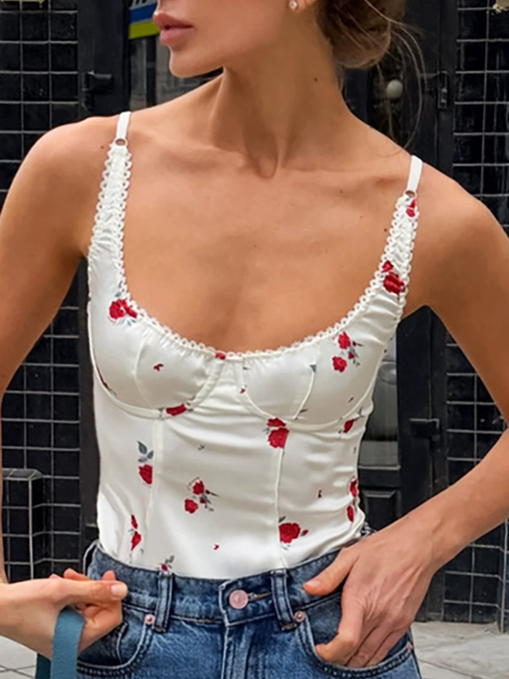 ZARA Spring Summer Printed Lace Trim Backless Camisole Top Versatile Commuter